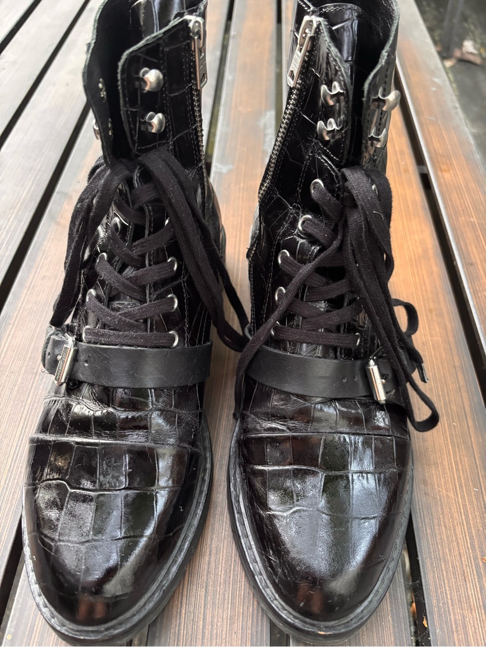 AllSaints Donita Black Crocodile Embossed Leather Combat Boots Size 10 EU 41 - Picture 8 of 12